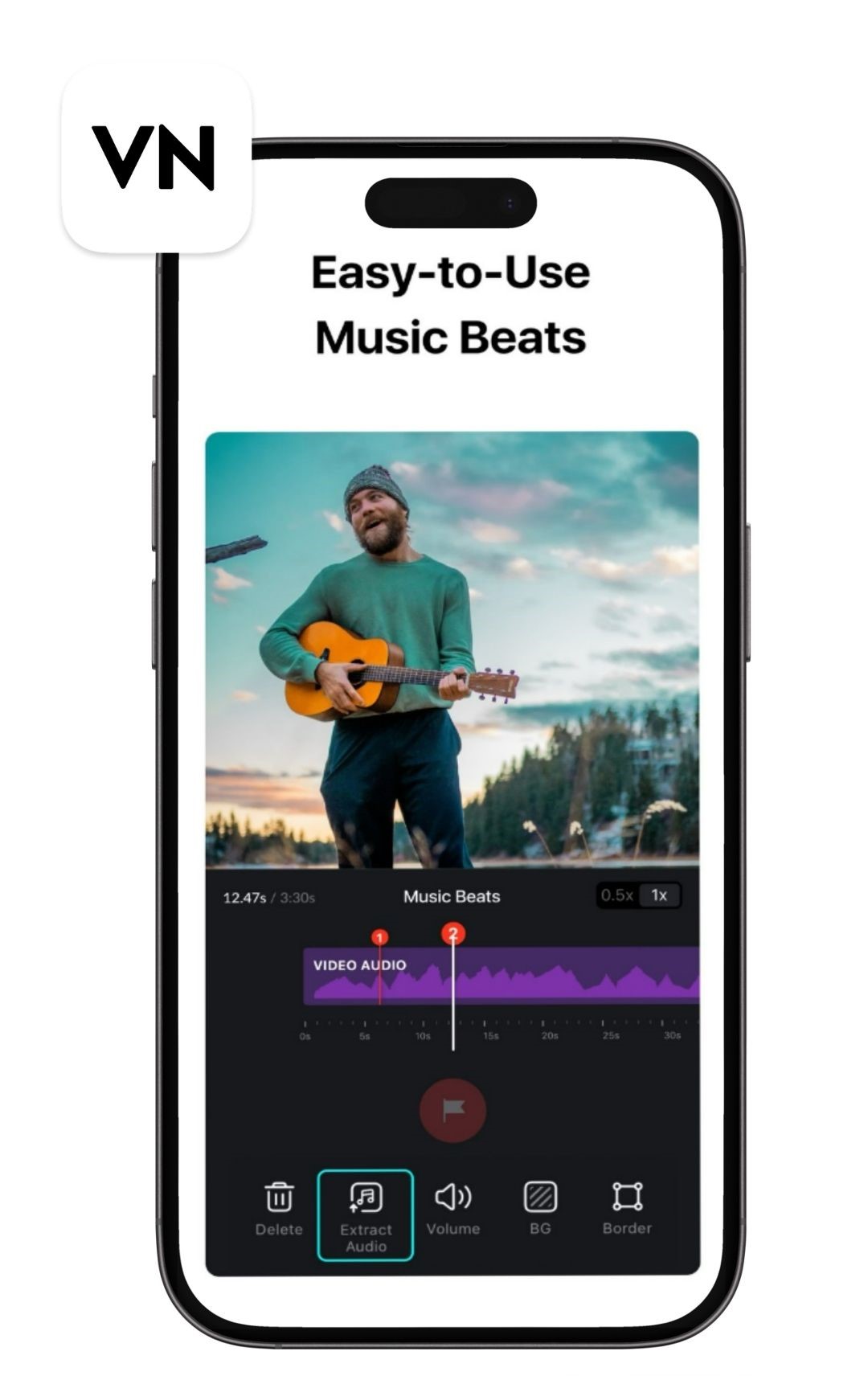UI of VN Video Editor's audio feature and icon at the upper left side